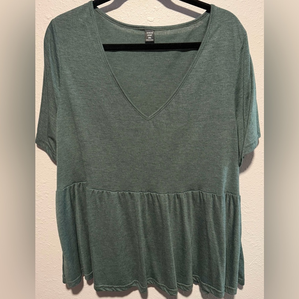 Dark Green V-Neck Short Sleeve Top